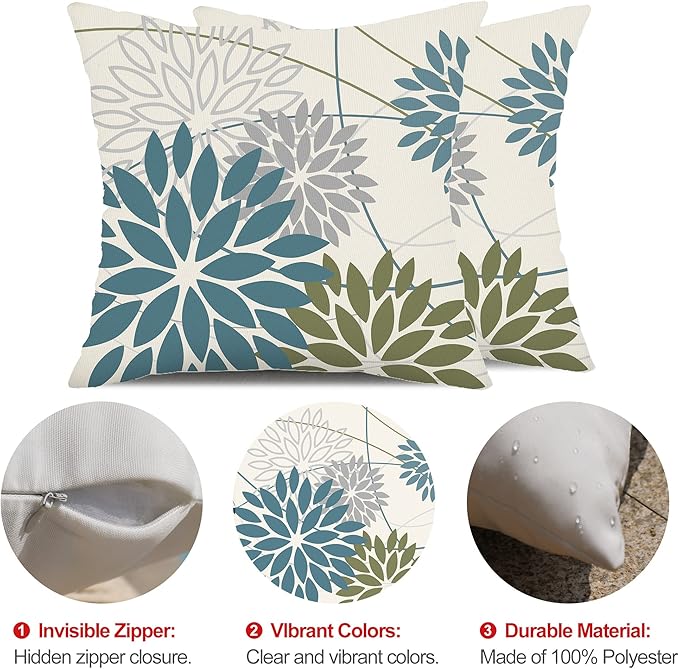 DFXSZ Blue Army Green Outdoor Pillow Covers Set of 2 20X20 Inch Teal Floral Elegant Polyester Flower Pillow Case Outdoor Waterproof Decor for Patio Funiture Garden Linen Cushion Covers 01C20