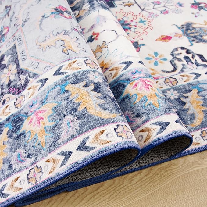 Amearea Vintage Design Area Rugs for Living Room, 4x6 Machine Washable Floral Collection Traditional Bedroom Rug, Low Pile Cute Kids Room Print Carpet, No Slip Office Kitchen Home Decor, Blue