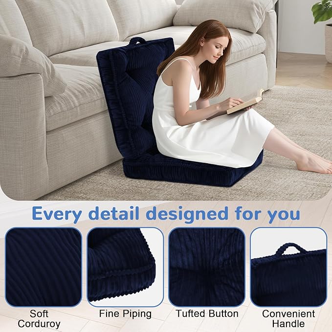 Square Floor Pillow for Adults, Tufted 24x24 Floor Cushion for Sitting, Large Meditation Cushion, Thick Corduroy Seat with Handle, Tatami Seating for Yoga, Navy Blue, 1Pack