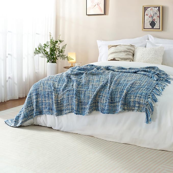 Multi-Color Light Blue Cable Woven Throw Blanket for Couch,50"X60" Boho Style Textured Blankets for Home Decor,Super Soft Warm Cozy Chunky Blanket with Decorative Tassels for Bed