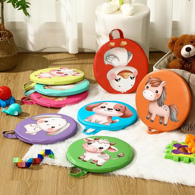 8 Pcs Kids Floor Cushions for Classroom Flexible Round Seating with Handle Soft Waterproof Floor Pillows with Cute Cartoon Animal Pattern for Elementary Daycare Preschool(Farm Animals)