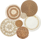 CODOHI Set of 7 Boho Wall Baskets, Wall Hanging Rattan Decor, Flat Round Woven Water Hyacinth Corn Husk Farmhouse Handmade Macrame Hanging Woven Baskets for Living Room Bedroom Dining Room Office