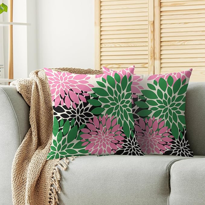 Pink Green Black Pillow Covers 18X18 Inch Set of 2, Spring Modern Geometry Dahlia Floral Print Decorative Throw Pillow Covers Outdoor Farmhouse Cushion Case for Couch Sofa Bed Decor