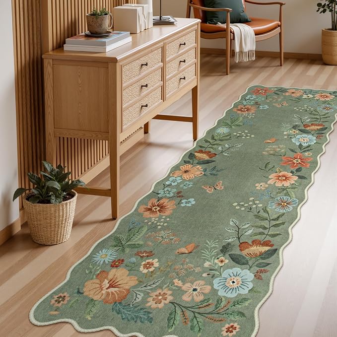 Lahome Floral Washable Runner Rug, 2'6''x8' Soft Hallway Runner Rug Non Slip, Boho Ultra-Thin Kitchen Runners for Hallways with Rubber Backing Carpet for Laundry Bedroom Flore (Green)