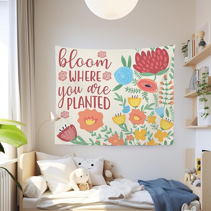 MNOSAIOO Inspirational Floral Spring Wall Tapestry Hanging for Classroom, Bloom Where You Are Planted Tapestry, Cute Nursery Colorful Tapestries Wall Decor for Bedroom Therapy Girly Room 60x50 inch