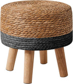 YMYNY Foot Stool Natural Seagrass Hand Weave, 12.6" Small Ottoman, Round Footrest for Living Room, Bedroom, Entryway, Change Shoes Stool, Non-Skid Wood Legs, Boho, Natural+Black UHBD027B