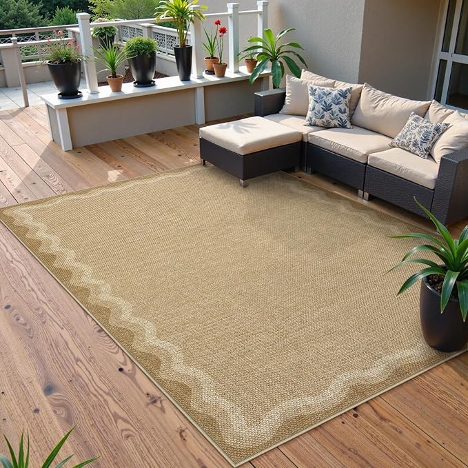 LIVEBOX Scalloped Washable Outdoor 5x7 Rug, Easy Jute Tan Rug for Living Room, Indoor Geometric Rug for Bedroom, Farmhouse Rugs Dining Room Mat Modern Carpet Area Rug for Patio Home Office Decor
