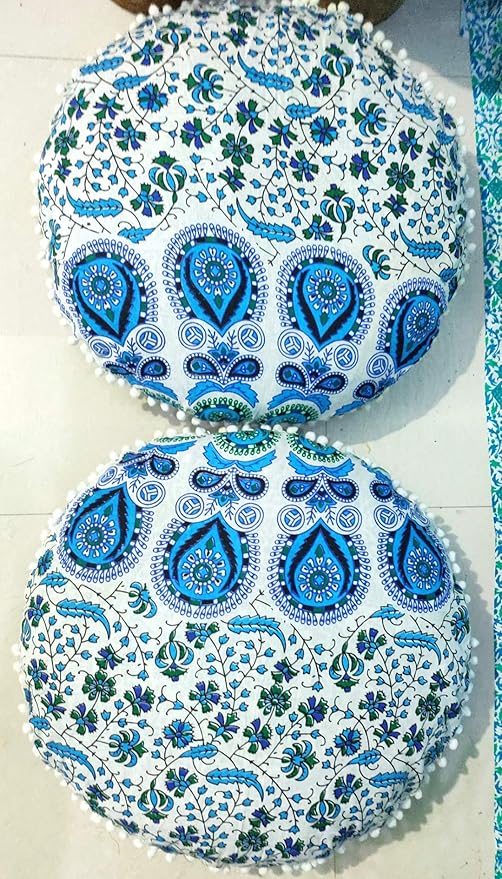CRAFT KALA Mandala Floor Pillow Cushion Cover Seating Throw Cover Hippie Decorative Bohemian Ottoman Poufs Pom Pom Pillow Cases Indian Cotton Living Room Home Décor 24" Round Set Of 2, Sky Blue Mirchi