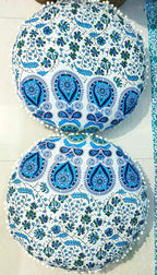CRAFT KALA Mandala Floor Pillow Cushion Cover Seating Throw Cover Hippie Decorative Bohemian Ottoman Poufs Pom Pom Pillow Cases Indian Cotton Living Room Home Décor 24" Round Set Of 2, Sky Blue Mirchi