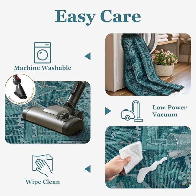 Luxurious Teal Living Room Rug 6x9, Washable Non Slip Rug for Dining Room Under Table, Vintage Medallion Vibrant Low Pile Thin Carpet Rugs for Bedroom Den Home Office