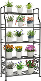 GIOTORENT Plant Stand Outdoor Indoor 5 Tier Metal Waterproof - 53.2" Plant Shelf for Patio, Balcony, Living Room, Large Capacity Tiered Plant Rack, Black