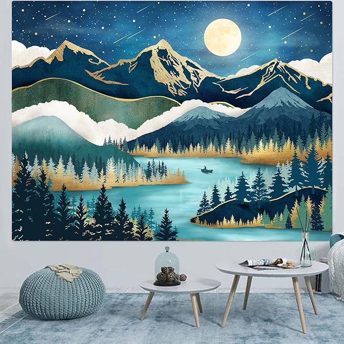 Accnicc Mountain Tapestry Nature Forest Tree Tapestries for Bedroom Aesthetic Starry Night Moon Stars Tapestrys Wall Hanging Teal Abstract Wall Tapestry for Dorm Living Room (Teal, 48'' × 36'')
