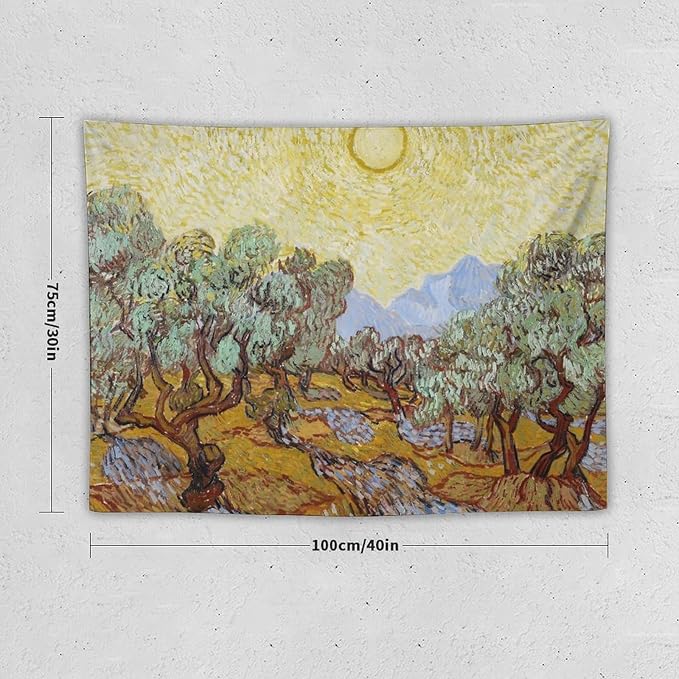 Van Gogh Olive Trees Tapestry Wall Hanging, Vintage Art Wall Decor for Bedroom, Dorm, Living Room, Aesthetic Polyester Tapestry with Hanging Accessories, 30x40 Inch