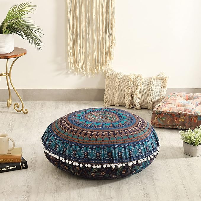 Popular Handicrafts Floor Pillow Cushion Cover - Hippie Elephant Mandala Cushion Cover Large Cotton - Pouf Cover Round Bohemian Yoga Decor, 32" Turqouise