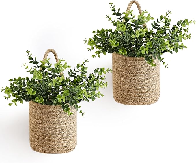 Dahey 2 Pack Wall Hanging Rope Basket (5.5"W×6.2"H) with Artificial Eucalyptus, Jute Woven Storage Organizer Flower Plants Basket Farmhouse Rustic Wall Decor for Porch Living Room Bedroom Entryway