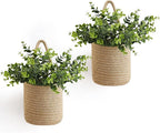 Dahey 2 Pack Wall Hanging Rope Basket (5.5"W×6.2"H) with Artificial Eucalyptus, Jute Woven Storage Organizer Flower Plants Basket Farmhouse Rustic Wall Decor for Porch Living Room Bedroom Entryway