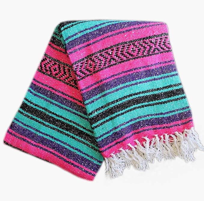 Del Mex Classic Mexican Blanket, Large Authentic Woven Falsa Throw (70"x50"), Artisan Southwest Décor for Beach, Yoga, Outdoors (Pink/Purple/Mint)