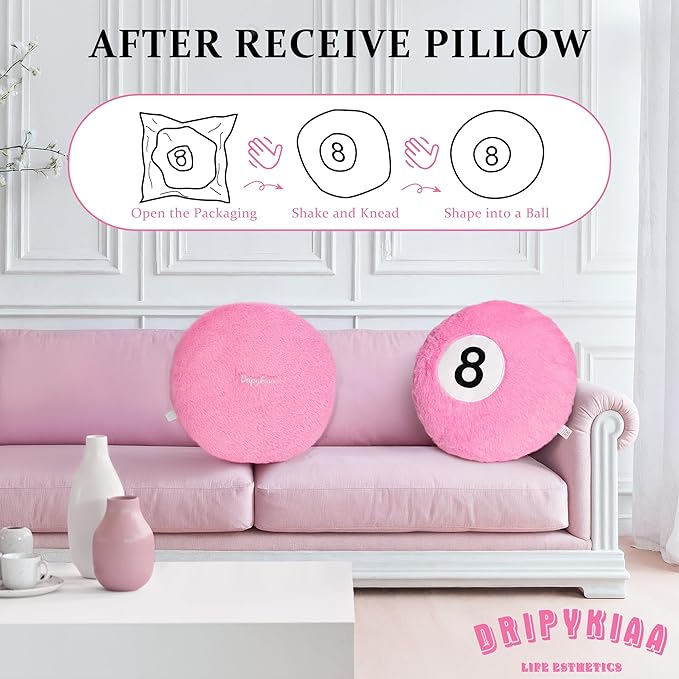 Dripykiaa Pink 8 Ball Throw Pillow, 14" Pink 8 Ball Round Plush Decorative Throw Pillow, Soft Aesthetic Cushion for Bedroom & Living Room, Trendy Pink Room Decor for Women & Teens