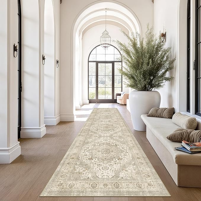 Washable Runner Rug 2.6x10 Runners for Hallways, Ultra-Thin Carpet Runners for Entryway Anti Slip Backing Runner Rugs for Kitchen Laundry Room Indoor Hallway (Ivory/Beige)