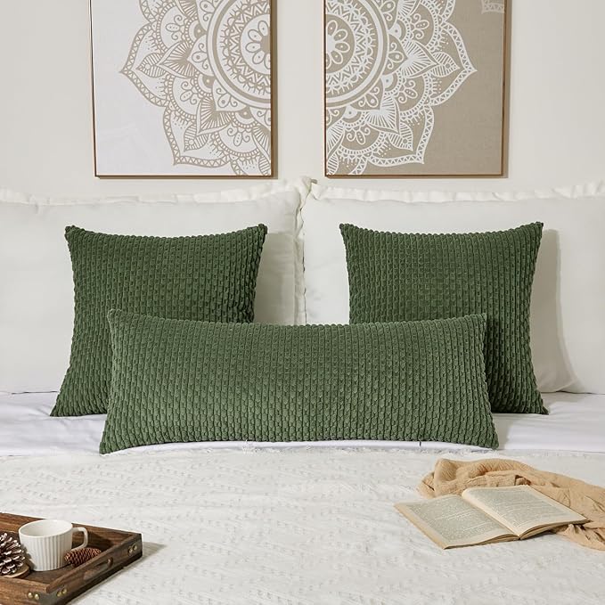 Kevin Textile Spring 14x36 Inch Long Lumbar 1 Pack Boho Decorative Throw Pillow Cover Soft Striped Corduroy Rectangle Cushion Case Solid Color Accent for Living Room Couch Sofa Bed, Moss Green