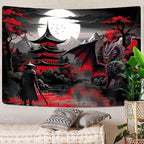 Anime Samurai Tapestry, Cool Red and Black Medieval Fantasy Dragon Tapestry Wall Hanging for Men, Mountain Forest Nature Sunset Dark Asia Japanese Tapestries Aesthetic for Living Room College, 80x60