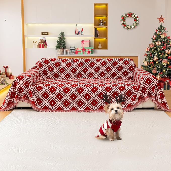 Reversible Couch Cover Blanket, Christmas Couch Cover, Chenille Sofa Cover Blanket, Christmas Sofa Covers Washable, 71"×102" Couch Covers for Recliner & Chair (1PC, Red, Loveseat)