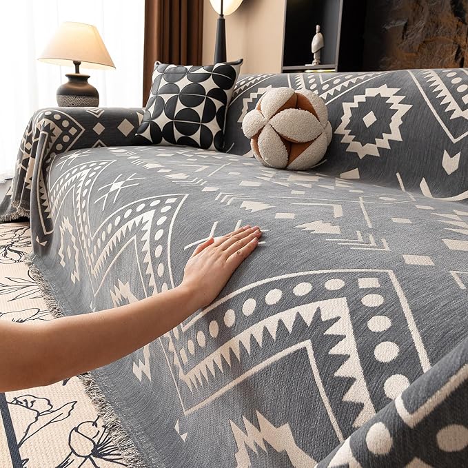 VClife Aztec Geometric Chenille Couch Cover Washable Sofa Cover for 2 Cushion Couch Sofa Retro Vintage Gray White Tribal Pattern Sofa Slipcover for Sectional Couch 71" X 118"