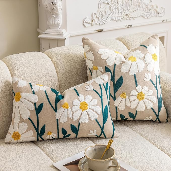 vctops Boho Floral Tufted Decorative Throw Pillow Cover Botanical Embroidered Cotton Cushion Cover for Couch Sofa Bed (Flower E,18"x18")