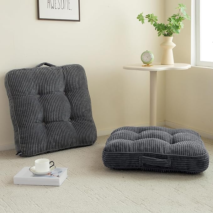 HIGOGOGO Floor Pillow Cushion for Adults, Meditation Cushion Pillow, Large Square Floor Sitting, Tufted Corduroy Cover, for Tatami Living Room or Yoga, 22x22 Inch, 2Pack, Dark Grey