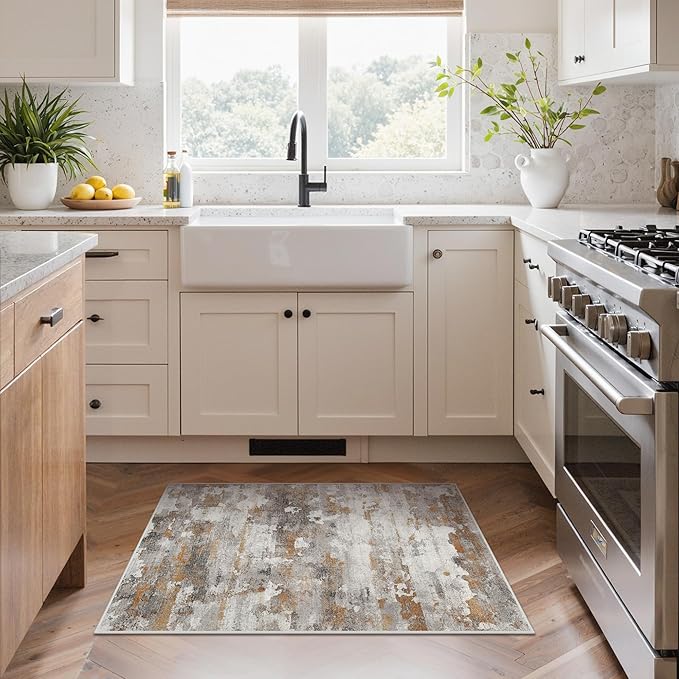 GENIMO 2x3 Rugs for Entryway Entrance, Modern Machine Washable Rug Ultra Soft Indoor Area Rugs 2x3 for Bedroom Kitchen Bathroom, Lightweight Low Pile Carpet with Non Slip Backing, Grey Brown Beige