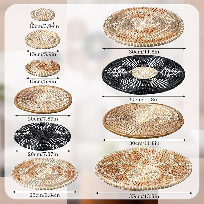 Xuhal 15 Pcs Boho Wall Basket Decor Handcrafted Seagrass Woven Wall Basket Rustic Round Woven Hanging Art for Home Farmhouse Kitchen Table Living Room (Dark Colors Style)