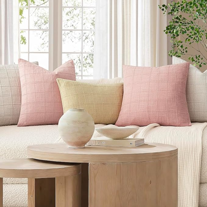 Foindtower Set of 2 Decorative Linen Check Throw Pillow Covers Neutral Farmhouse Vintage Cushion Covers Modern Boho Accent Home Decor for Sofa Chair Couch Bedroom Living Room,20×20 Inch,Light Pink