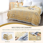 100% Cotton Soft Boho Throw Blanket for Bed 60x80,Muslin Breathable Lightweight Gauze Spring Blankets for Couch Sofa All Seasons,Bohemian Decor Floral Quilt Rustic Throw Blanket,Yellow