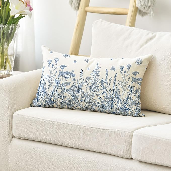 AVOIN colorlife Wildflowers Spring Summer Antique Herbs Blue Throw Pillow Cover, 12 x 20 Inch Flower Cushion Case Decoration for Sofa Couch