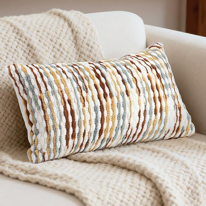 Boho Decorative Throw Pillow Covers 12x20 Inch, Chenille Tufted Pillow Cover Stripe Textured Lumbar Farmhouse Accent Pillowcase for Couch Sofa Bedroom Living Room, Red White Khaki Grey 1 Pack