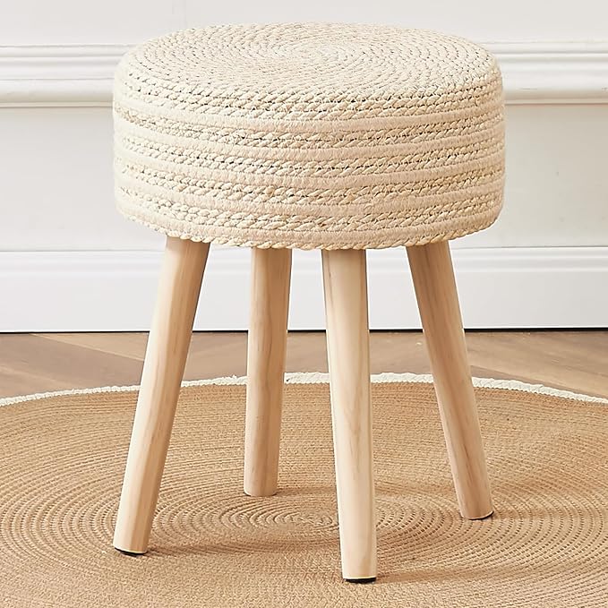 Cpintltr Round Ottoman Footstool Natural Seagrass Foot Stool Pouf Ottomans with Solid Wood Legs Hand Weave Hyacinth Footrest Step Stool for Living Room Balcony Garden Natural & Beige