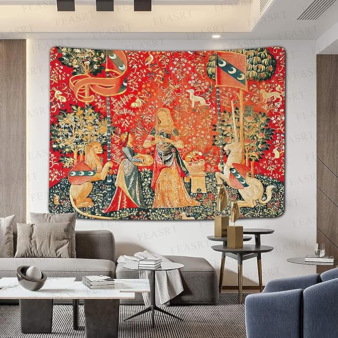 FEASRT Medieval Maiden Tapestry, 60x40 Inches Soft Flannelette, Lady and Unicorn for Living Room Bedroom Dorm