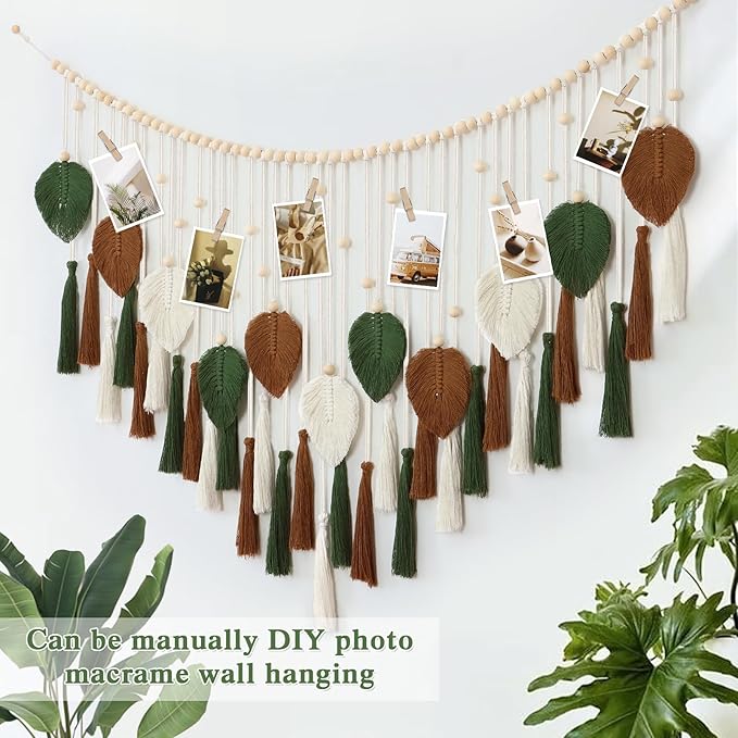 Betylifoy Large Macrame Wall Hanging Boho Woven Leaf Tapestry Fall Decor Khaki Green Leaf Feather Wall Decor Handmade Cotton Wall Art Home Decor for Bedroom Living Room Nursery Apartment, 51.2"W X 31.5"L