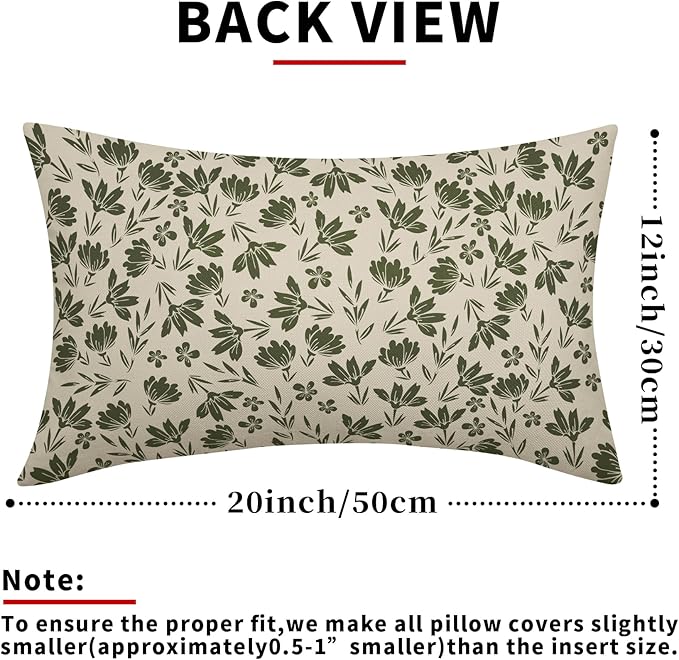 Olive Green Floral Pillow Covers 12x20 Set of 2 Vintage Rustic Old Style Cute Small Flower Green Cream Print Decorative Outdoor Pillowcases Farmhouse Throw Cushion Case Decor for Couch Sofa Bed