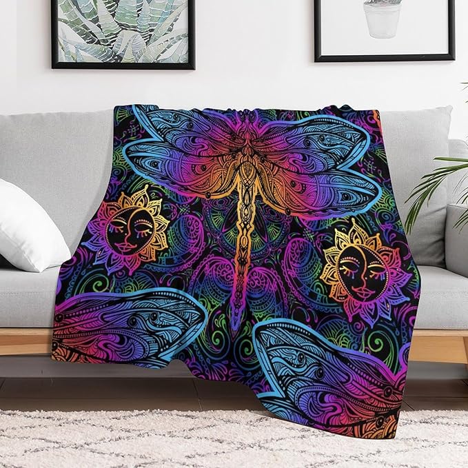 Mandala Boho Throw Blanket Colorful Dragonfly Sun Bohemian Blanket for Sofa Bed Couch Chair Or Dorm 40"x50"