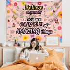 KJHL Pink Floral Motivational Tapestry Wall Hanging 44" x 60" Positive Affirmations Inspirational Kids Tapestries for Classroom Bedroom Dorm