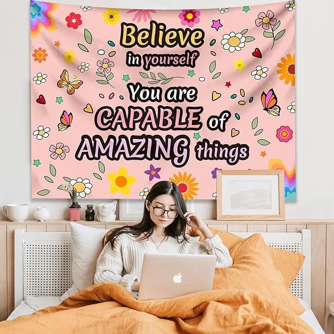 KJHL Pink Floral Motivational Tapestry Wall Hanging 44" x 60" Positive Affirmations Inspirational Kids Tapestries for Classroom Bedroom Dorm