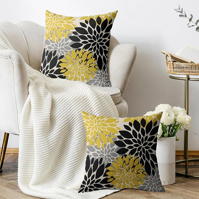 Black Light Yellow Pillow Covers 24X24 Inch Set of 2, Spring Summer Floral Dahlia Flower Cream Decorative Throw Pillow Covers Outdoor Modern Farmhouse Cushion Case for Home Couch Sofa Bed Decor