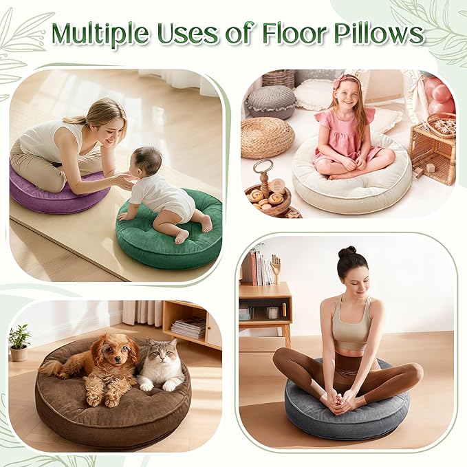 Floor Pillow Set of 2, Memory Foam Meditation Cushion, Floor Cushions for Adults Sitting, Large Round Seat Cushions for Yoga, Living Room, 20x20 Inch (Round | Off-White)