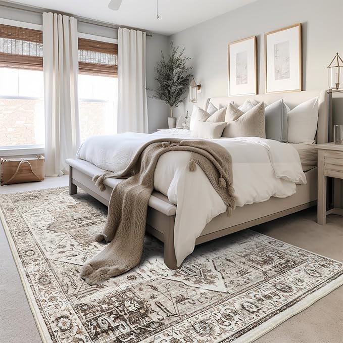5x7 Area Rugs, Stain Resistant Machine Washable Area Rugs with Non-Slip Backing, Vintage Rugs for Bedroom, Living Room, Large Soft Low Pile Area Rug (White/Brown, 5'x7')