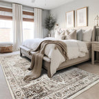 5x7 Area Rugs, Stain Resistant Machine Washable Area Rugs with Non-Slip Backing, Vintage Rugs for Bedroom, Living Room, Large Soft Low Pile Area Rug (White/Brown, 5'x7')