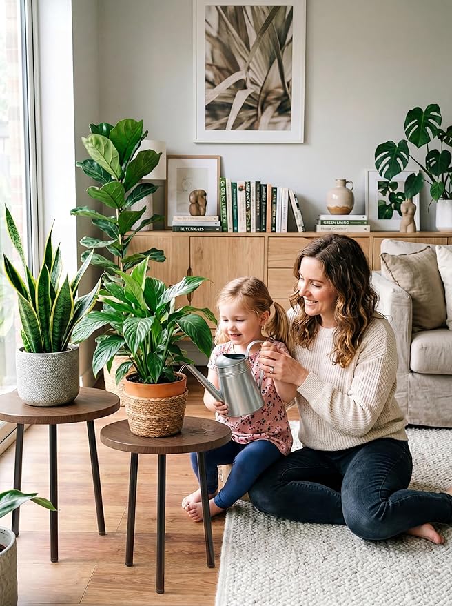 Plant Stand for Indoor 2 Pack: Plant Table 14inch Wooden & Metel Heavy Duty Plants Stool - Mid Century Modern Design for Bedroom/Living Room/Patio/Garden