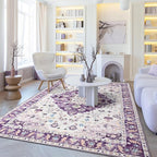 Amearea Vintage Design Area Rugs for Living Room, 8x10 Machine Washable Floral Collection Traditional Bedroom Rug, Low Pile Cute Kids Room Print Carpet, No Slip Office Kitchen Home Decor, Purple