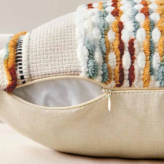 ANRODUO Pack of 2 Boho Decorative Throw Pillow Covers 18x18 Farmhouse Cushion Case Striped Chenille Pillow Cases Square Pillow Covers Accent Neutral Pillowcase for Sofa Couch Bed,Brown Stripe