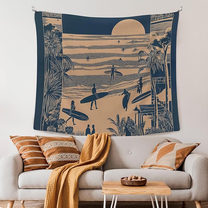 XLDLIOO Beach Coastal Trendy Wall Tapestry, Retro Surfing Summer Ocean Wall Tapestry Hanging for Bedroom Beach House, Beachy Ocean Tapestries Wall Decor Art for Dorm Living Beachy Room 50x60in